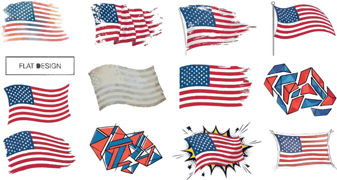American flag icons, USA flags, vector graphics, patriotic symbols, 12 distressed designs