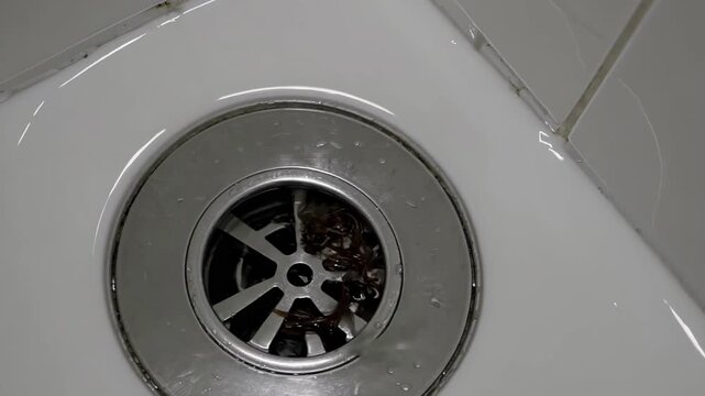 Cleaning Hair And Soap Residues. Scene Depicting Cleaning Of Bathroom Sink And Drainage Area. Detailed Instructional Scene Focused On Clearing Bathroom Drain And Scrubbing Ceramic Surfaces