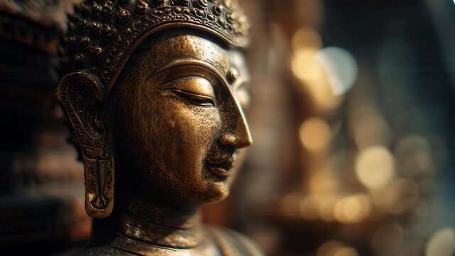 Close-up profile of an ornate golden Buddha statue with a blurred background