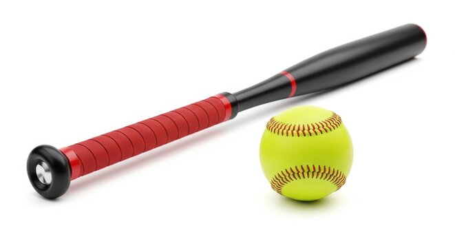 A red and black softball bat and a yellow softball isolated on white background