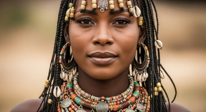 Closeup portrait of a woman with traditional african braids and colorful jewelry