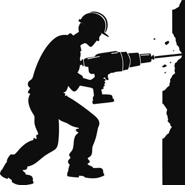 Construction worker silhouette using jackhammer, professional builder with pneumatic drill vector, industrial laborer drilling wall