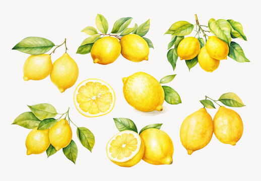 Vibrant Watercolor Lemons Illustration Element Design Set