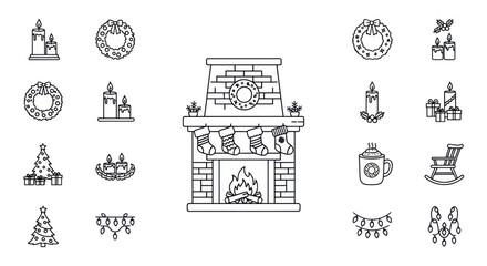 Christmas Icons Line Art: Fireplace, Wreaths, Candles, Tree, Gifts, Ornaments © malika