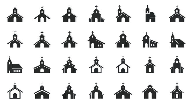 Collection of Church Icons, Religious Building Silhouettes, Christian Architecture Symbols