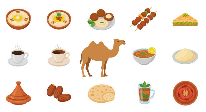 Middle Eastern Food & Camel Icons: Hummus, Kebab, Falafel, Coffee, Dates, Baklava