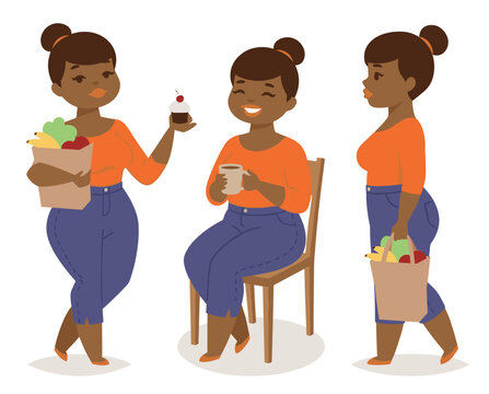 African American women shopping groceries smiling kitchen essentials bag fruit clothing orange top denim pants. Diverse female holding cupcake coffee seated. Leisure conversation happy expression