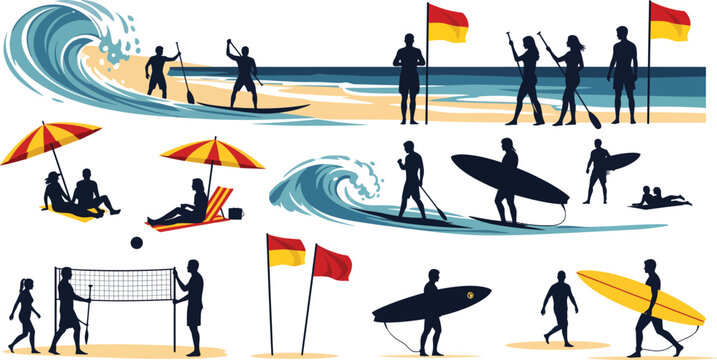 Beach scene with surfers lifeguards umbrellas and volleyball beach life lifeguard umbrella volleyball silhouette activity recreation vacation relaxation lifestyle collection watersport