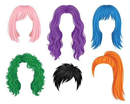 Colorful wigs short pink bob, wavy purple, straight blue bangs, curly green, spiky black, orange ponytail. Hairpieces cosplay costume, fashion accessory multicolor hairstyles. Collection synthetic