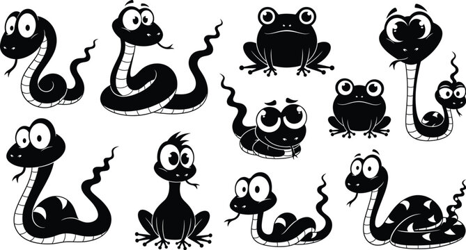 Collection of cartoon snakes and frogs silhouettes with black and white background graphic resource line art silhouettes reptiles amphibians wildlife illustration character creatures