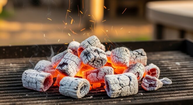 Burning charcoal on a grill.