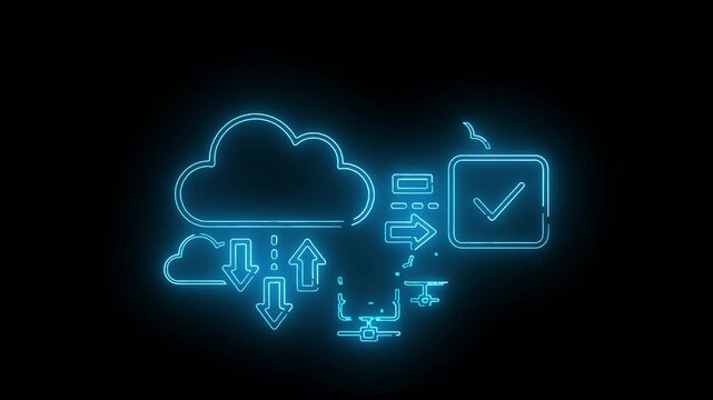 Neon-lit illustration of a cloud with arrows and a checkbox on a dark background, conveying a futuristic and technological mood.