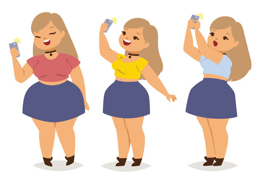 Three animated young women taking selfies using smartphones, smiling, enjoying moment. Diverse clothing including red, yellow, blue tops, dark skirts isolated white background. Cartoon style