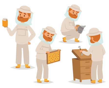 Beekeeper apiary beekeeping suit male holding honey jar inspecting hive honeycomb beekeeper equipment. Cartoon Caucasian tending bees protective clothing smiling sweet honey. Isolated white