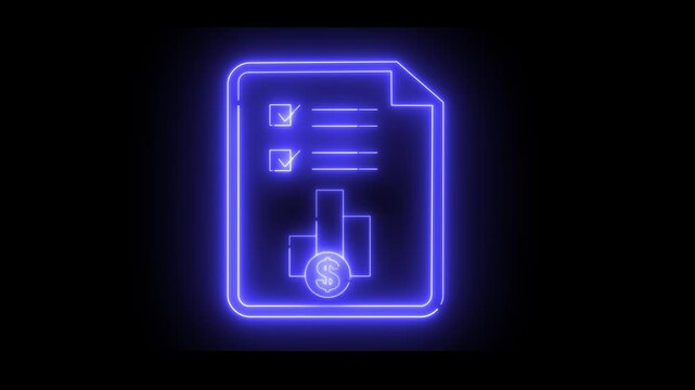 Neon light effect animation of a document icon with checkboxes, a chart below, and a dollar sign. Ideal for visual presentations of finance, budgets, or business planning.