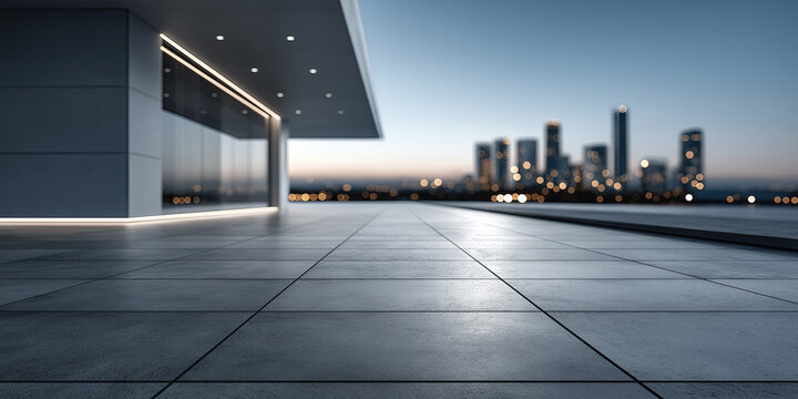 Modern cityscape at dusk, sleek architectural lines and panoramic skyline during calm twilight. Illumination reflects on concrete floor, dark tone lighting. Outdoor background for product display.