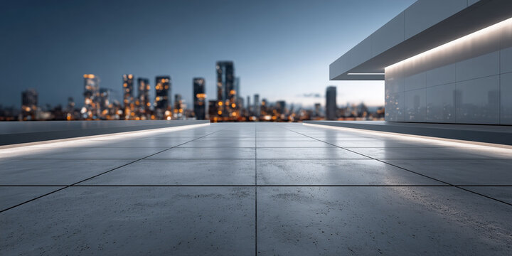 Cityscape vista at dusk, modern architectural rooftop overlooking vibrant urban skyline. Bright city lights glow across horizon, reflecting growth and opportunity. Ideal as real estate background.