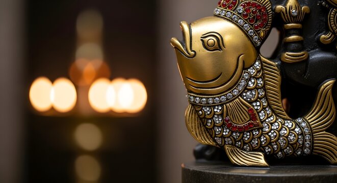 Gold Matsya Avatar of Vishnu statue with decorative crystals and bokeh