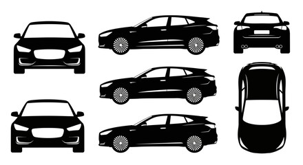 Obraz premium Set of black car silhouettes from different angles: front, side, top, rear view