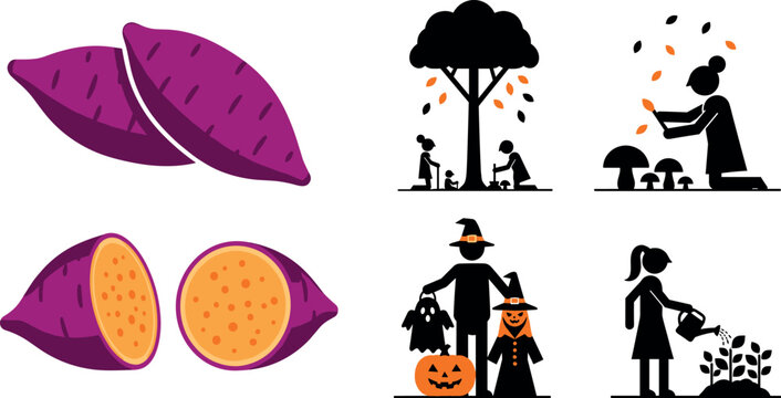Sweet Potatoes and Seasonal Halloween-Themed Illustrations for Fall, Agriculture, and Fun Food Graphics