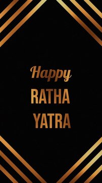 Golden text spells "Happy Ratha Yatra" on a black background. Diagonal gold stripes frame the central message. Elegant design evokes festive, traditional celebration. Ideal for cultural events