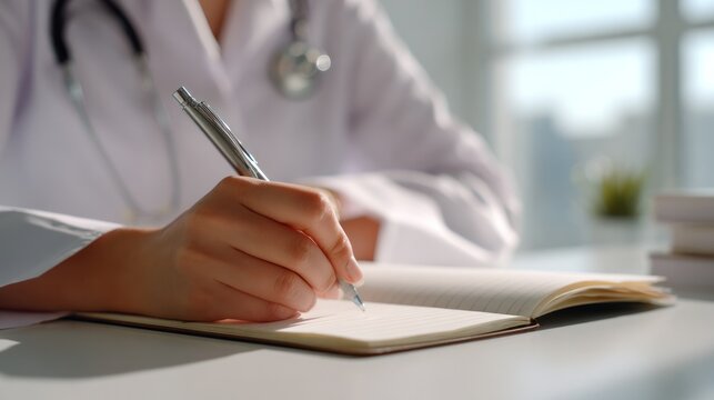 Precision in Healthcare: A focused medical professional meticulously documents insights, the stethoscope gently rests, a testament to dedication and the quest for wellness.
