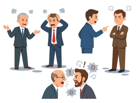 Angry businessmen arguing, stressed, emotional, cartoon style, confrontation illustration, workplace conflict. Diverse businessmen heated discussion, animated anger, suits ties frustration