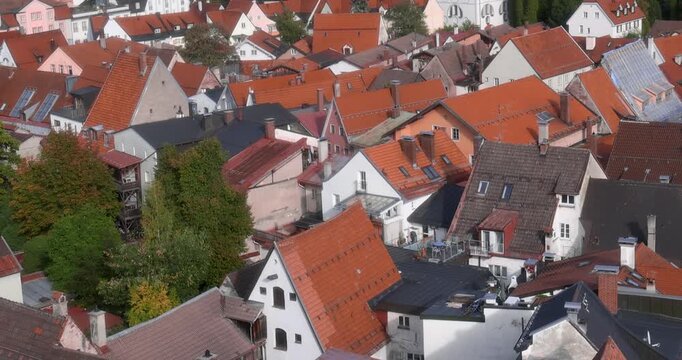 Aerial view of rooftops in a quaint european village Fussen, Germany.