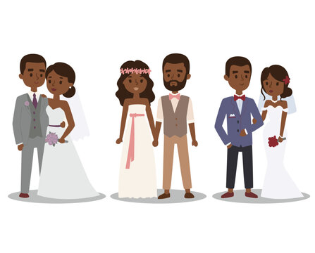 AfricanAmerican wedding couples hugging, holding hands romantic. Cartoon style bride groom love, commitment. Elegant bridal outfits, flowers, happy ceremony. Celebrating marriage diverse