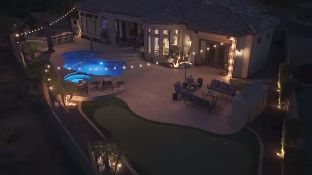 A 4k night aerial view of a desert landscaped home in Arizona featuring a travertine tiled pool deck with an outdoor fireplace and kitchen.