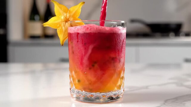 Red smoothie poured into frosted glass with star fruit garnish