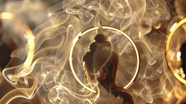 Golden Buddha statues with glowing halos surrounded by mystic smoke.