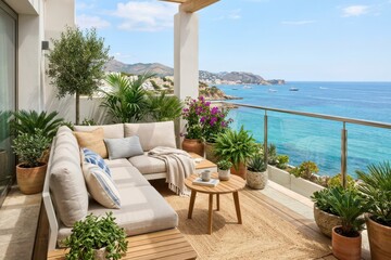 Obraz premium Coastal balcony with ocean view, modern furniture, and lush greenery in daylight