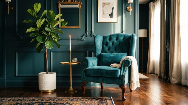 Luxury interior design featuring a dark teal tufted velvet wingback chair in a classic room wingback interior