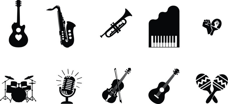 Musical instrument silhouettes, guitar saxophone trumpet piano violin drum microphone maracas castanets, music vector illustration design for entertainment