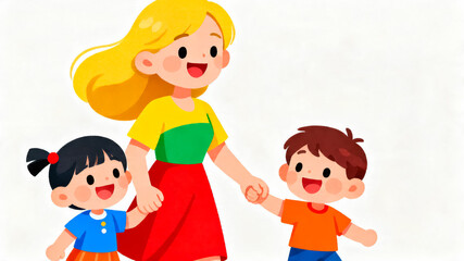 Fototapeta premium Illustration of a Woman with Two Children Holding Hands