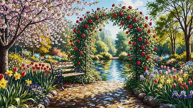 Garden of serenity: a picturesque garden, flowers bloom in vibrant colors, an inviting pathway leads through a rose-covered arch to the water, where a peaceful and idyllic retreat awaits.