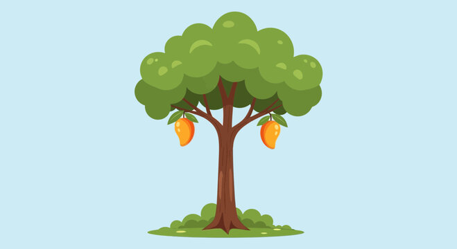 Cartoon Mango Tree with Ripe Fruits Hanging on Branches, Healthy Green Foliage
