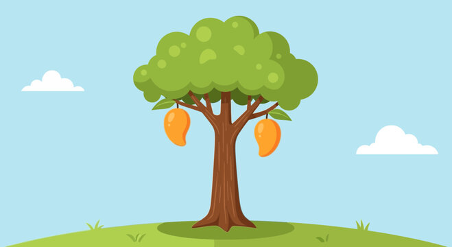 Cartoon Mango Tree with Ripe Fruits, Blue Sky, Clouds, and Green Landscape