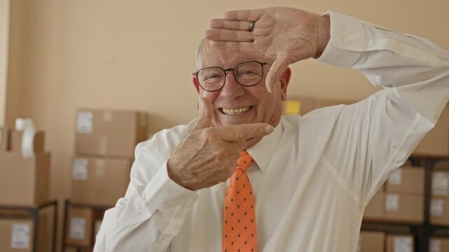 Senior man frames parcels with his hands and smiles in a building office stacked with boxes; entrepreneurial joy.