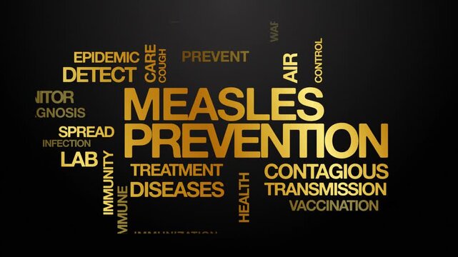 Measles prevention concept Animated Tag Word Cloud kinetic typography, Text Design Animation typography seamless loop video motion graphics Intro Wordart golden type on black background bg backdrop ca