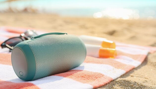 Portable Speaker and Sunscreen on a Towel at the Beach During Summer Vacation