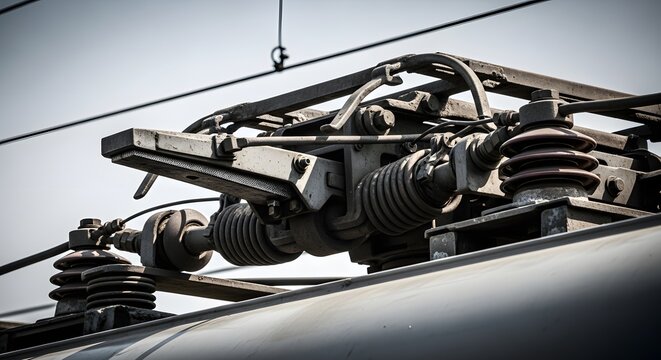 A close-up view of an electric train's pantograph in motion with wires