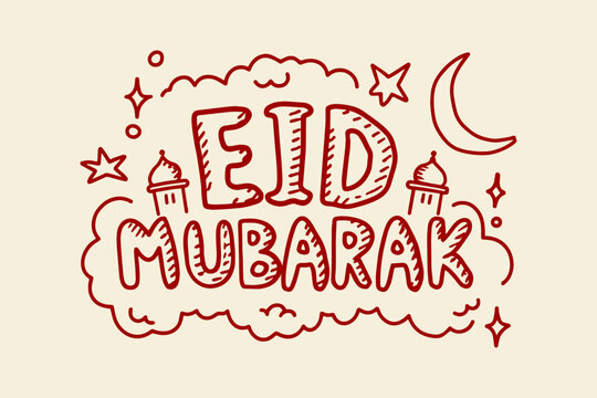 Hand-drawn eid mubarak text with clouds moon stars mosques eid al fitr eid al adha greeting celebration religion traditional illustration blessing festival occasion spiritual