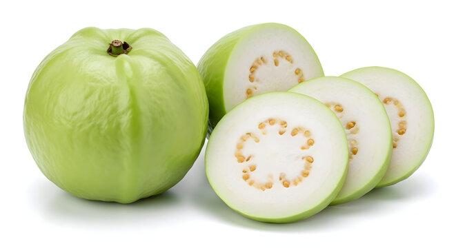Crisp Thai green guava whole and sliced with white flesh isolated on a solid white background. Tropical fruit