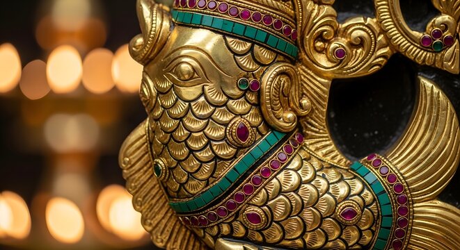Golden Matsya Avatar Vishnu Idol with Intricate Scales and Jewelry in a Temple with Warm Bokeh Lighting