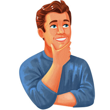 a smiling man, his right hand is supporting his chin
