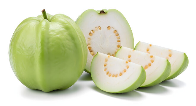 Crisp Thai green guava whole and sliced with white flesh isolated on a solid white background. Tropical fruit