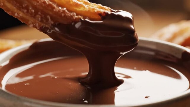 Sweet churro dipped in warm melted chocolate sauce