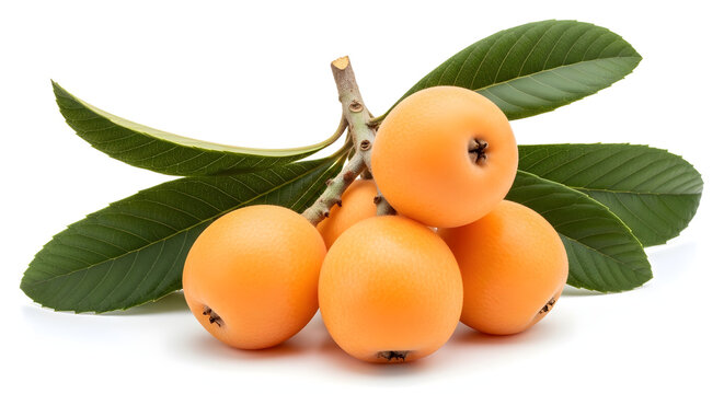 Cluster of smooth pale orange Japanese loquats Biwa with dark green leaves isolated on a solid white background